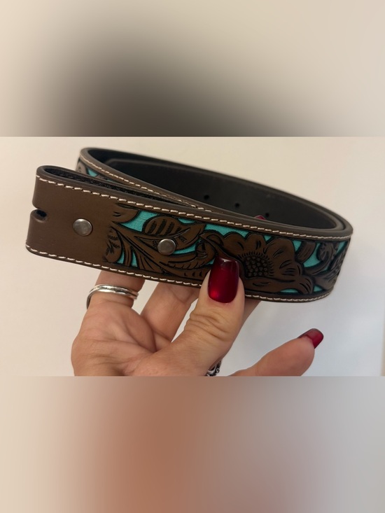 Shyanne Accessories - Shyanne Tooled Brown Genuine Leather Buckle Belt with Turquoise Inlay Western